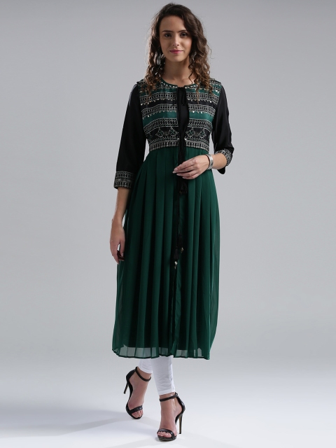 

WISHFUL by W Women Black & Green Embellished Layered Straight Kurta