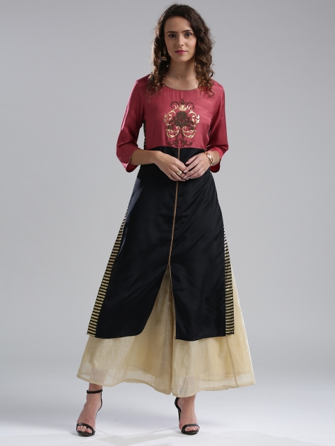 

WISHFUL by W Women Pink & Black Printed Straight Kurta