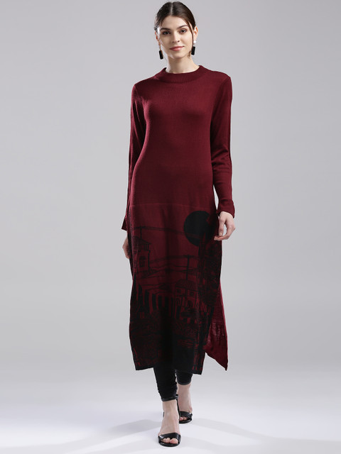 

W Women Maroon & Black Woven Design Straight Kurta
