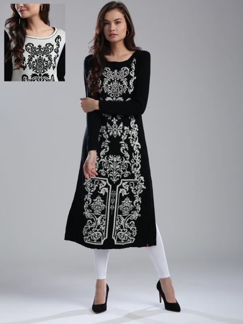 

W Women Black & Off-White Woven Design Reversible Winter A-Line Kurta