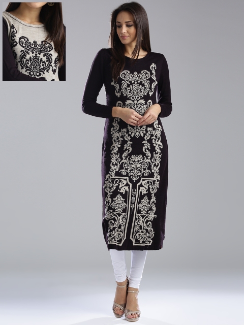 

W Women Brown & Beige Woven Design Reversible Winter Straight Kurta