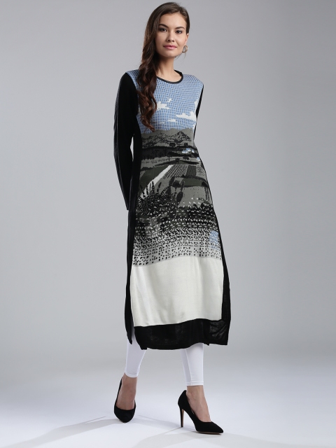 

W Women Black & Grey Patterned Straight Kurta