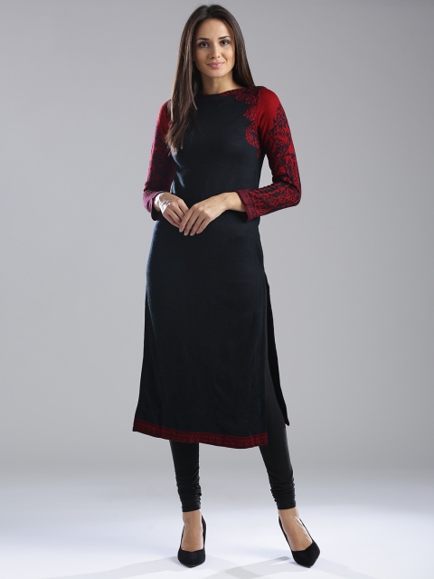 

W Women Navy Blue & Red Solid Straight Winter Kurta