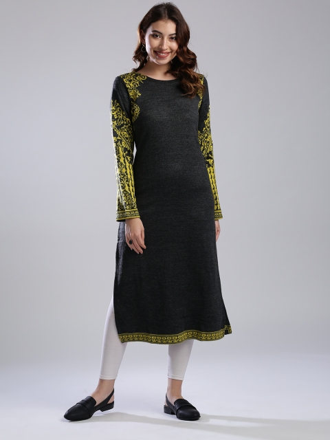 

W Women Charcoal Grey & Yellow Patterned Winter Straight Kurta