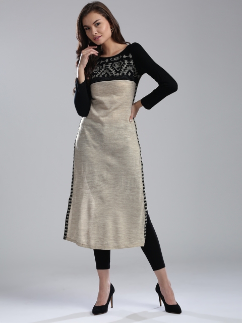 

W Women Beige & Black Woven Design Straight Kurta