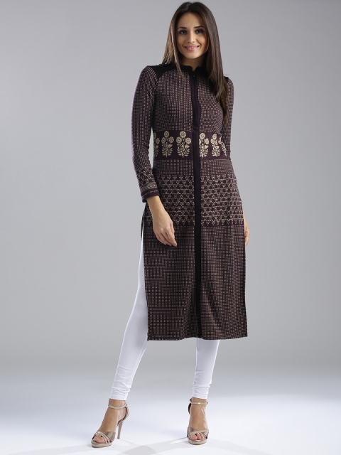 

W Women Coffee Brown & Beige Woven Design Straight Winter Kurta