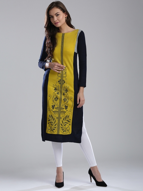 

W Women Lime Green & Navy Blue Patterned Straight Kurta