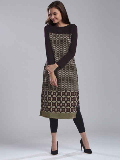 

W Women Aubergine & Beige Patterened Straight Kurta, Purple