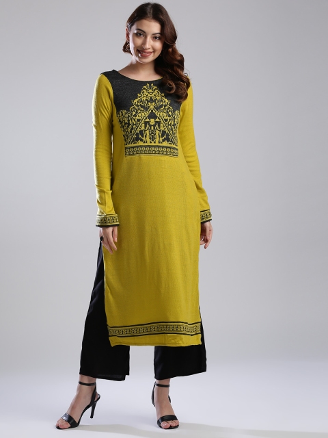

W Women Lemon Yellow Woven Design Straight Kurta