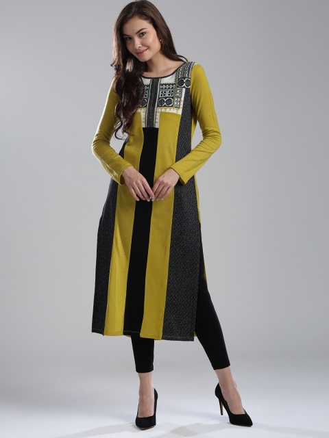 

W Women Black & Lime Green Woven Design Straight Kurta