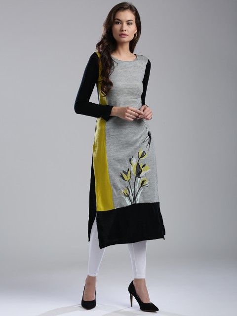 

W Women Grey Melange & Black Patterned Straight Kurta