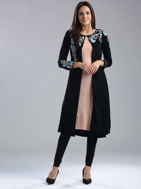 

W Women Black & Peach-Coloured Embroidered A-Line Layered Winter Kurta
