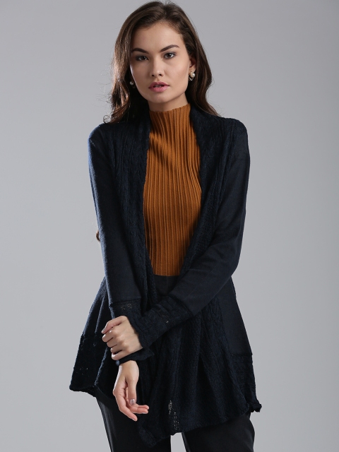 

W Women Navy Self-Design Front-Open Cardigan, Navy blue