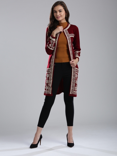 

W Women Maroon Embroidered Longline Cardigan