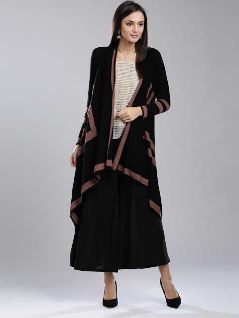 

W Women Black & Brown Striped Longline Front-Open Sweater