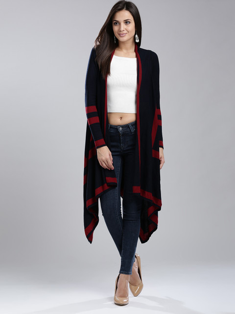 

W Women Navy & Red Striped Longline Front-Open Sweater, Navy blue