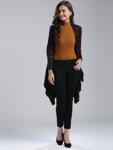 

W Women Navy Blue & Mustard Self-Design Front-Open Longline Cardigan