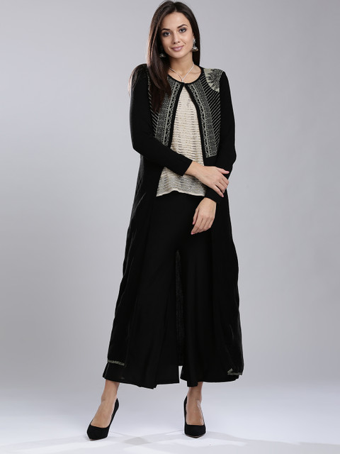 

W Women Black & Golden Yoke Design Front-Open Longline Sweater