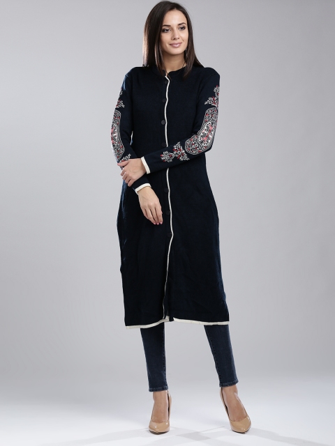 

W Women Navy Blue Self Design Longline Cardigan