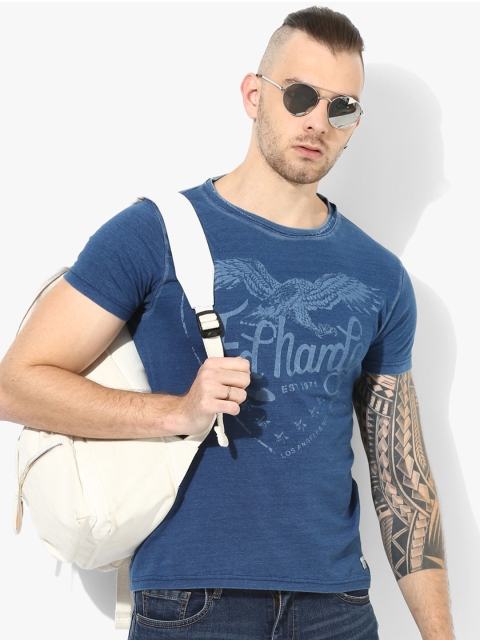 Ed Hardy Men Blue Printed Round Neck Pure Cotton T-shirt