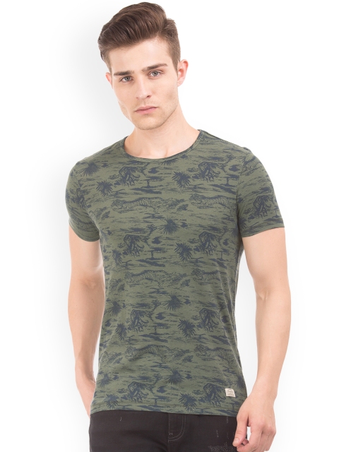 

Ed Hardy Men Olive Green Printed Round Neck Pure Cotton T-shirt