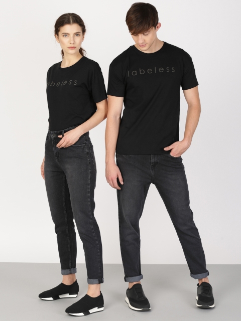 

ether Unisex Black Printed Round Neck Pure Cotton T-shirt
