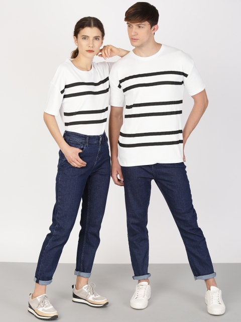 

ether Unisex White & Black Striped Round Neck T-shirt