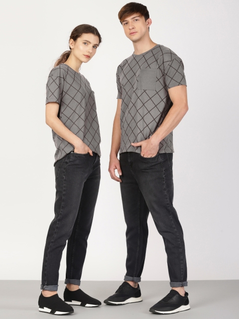 

ether Unisex Grey Checked Round Neck T-shirt