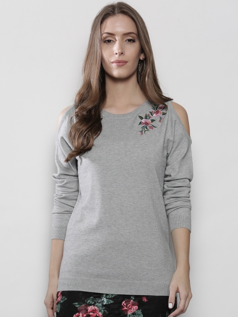 

DOROTHY PERKINS Women Grey Melange Embroidered Detail Cold-Shoulder Sweater
