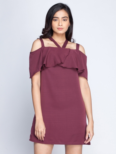

sassystripes Women Burgundy Solid A-Line Bardot Dress