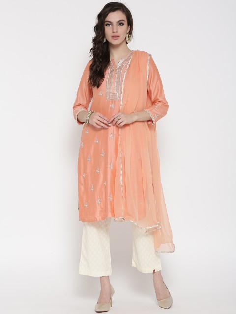

Biba Women Peach-Coloured & Off-White Embroidered Kurta with Trousers & Dupatta