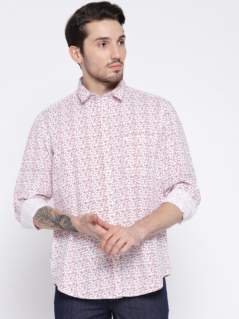 

John Players Men White & Maroon Trim Fit Printed Casual Shirt