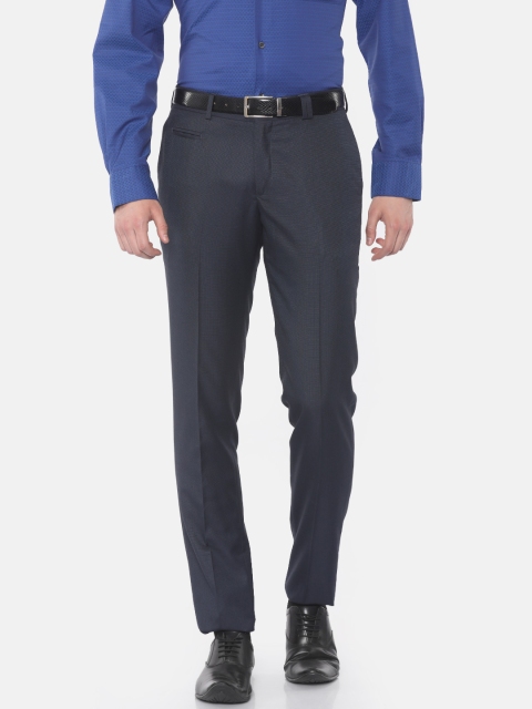 

John Players Men Navy Blue Slim Fit Self-Design Formal Trousers