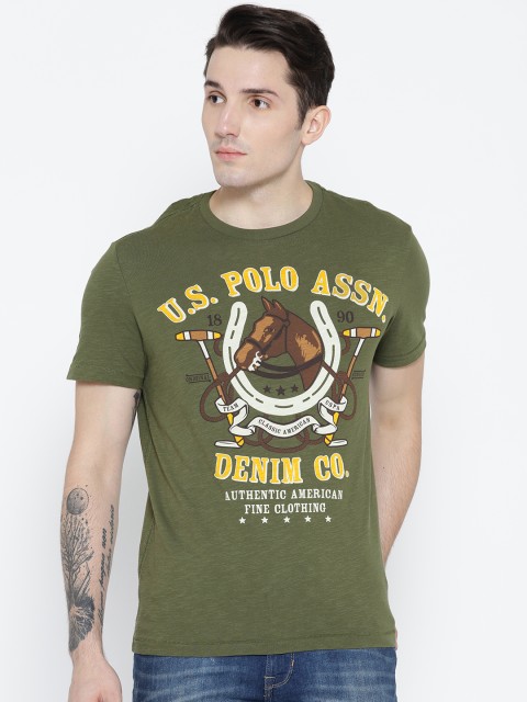 

U.S. Polo Assn. Denim Co. Men Olive Green Printed Round Neck T-shirt