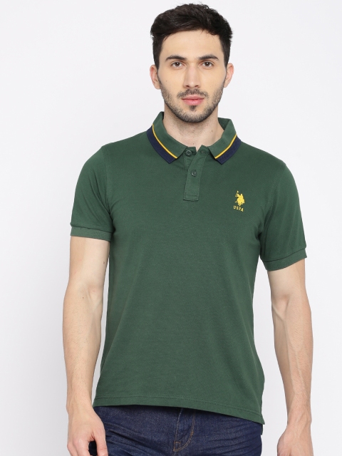 

U.S. Polo Assn. Men Green Self Design Polo T-Shirt