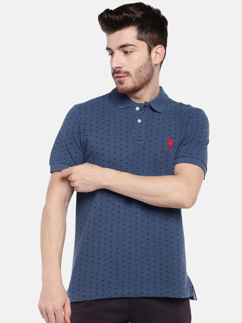 

U.S. Polo Assn. Men Blue Printed Polo Collar Pure Cotton T-shirt