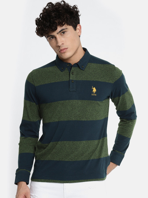 

U.S. Polo Assn. Men Navy Blue & Green Striped Polo Collar T-shirt