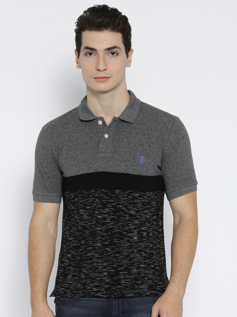

U.S. Polo Assn. Men Grey Melange & Black Colourblocked Polo Collar T-shirt