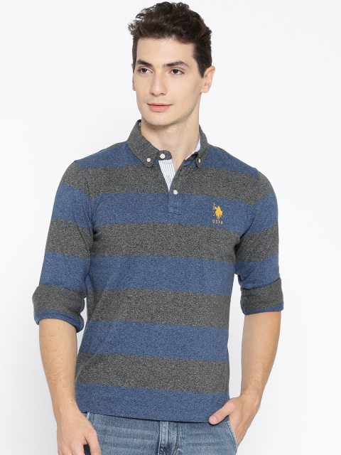 

U.S. Polo Assn. Men Charcoal Grey & Blue Striped Button Down Collar T-shirt