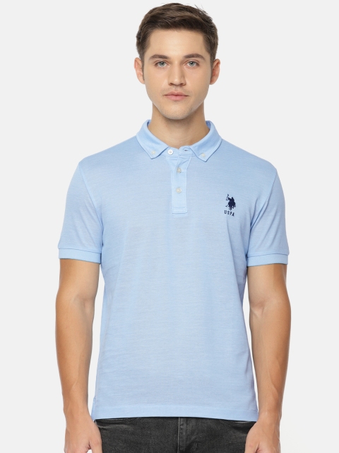 

U.S. Polo Assn. Men Blue Solid Polo Collar Pure Cotton T-shirt