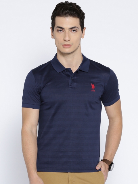 

U.S. Polo Assn. Men Navy Blue Self-Striped Polo Collar T-shirt