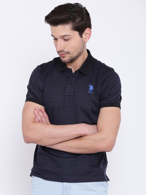 

U.S. Polo Assn. Men Navy & Black Self-Checked Polo Collar T-shirt, Navy blue