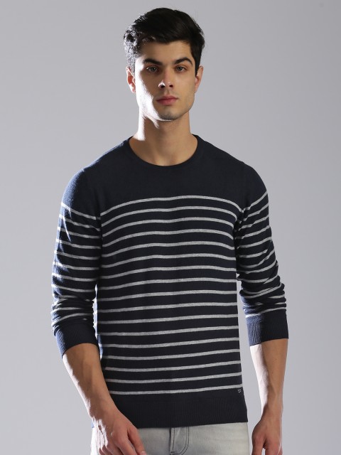 

GAS Men Navy Blue & Grey Striped Pullover