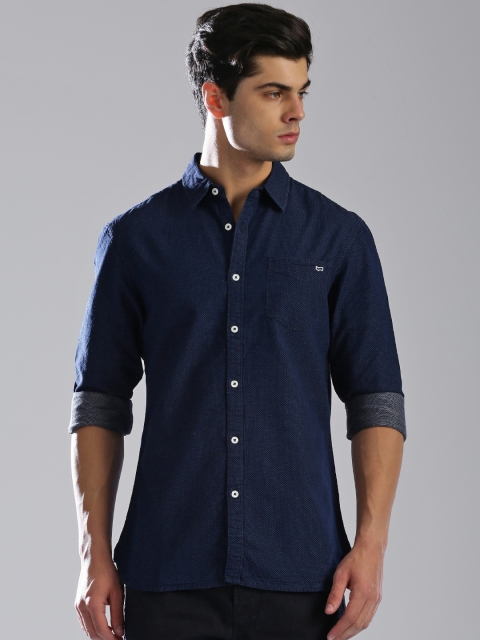 

GAS Men Navy Blue Classic Tailored Slim Fit Self Design Casual Shirt