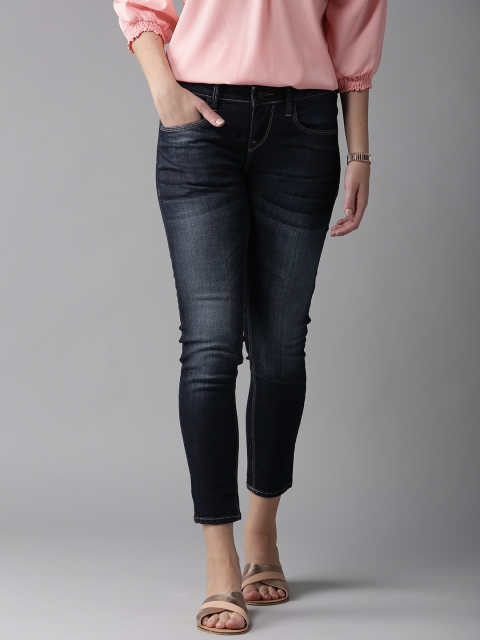 

HERE&NOW Women Navy Blue Skinny Fit Mid-Rise Clean Look Stretchable Cropped Jeans