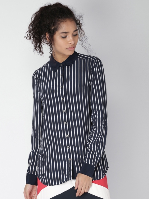 

Tommy Hilfiger Women Navy Blue & White Regular Fit Striped Casual Shirt