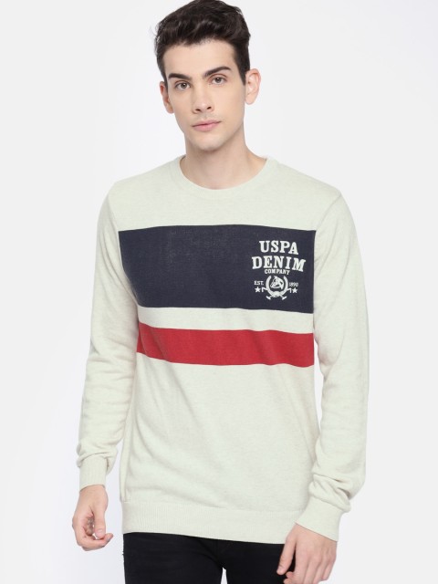 

U.S. Polo Assn. Denim Co. Men Beige Striped Pullover Sweater