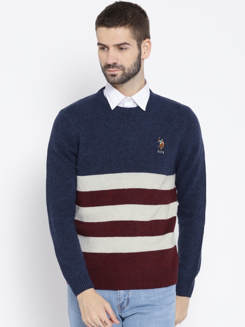 

U.S. Polo Assn. Denim Co. Men Navy Blue & Maroon Striped Pullover