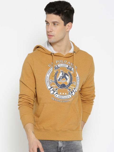 

U.S. Polo Assn. Denim Co. Men Mustard Yellow Printed Hooded Sweatshirt