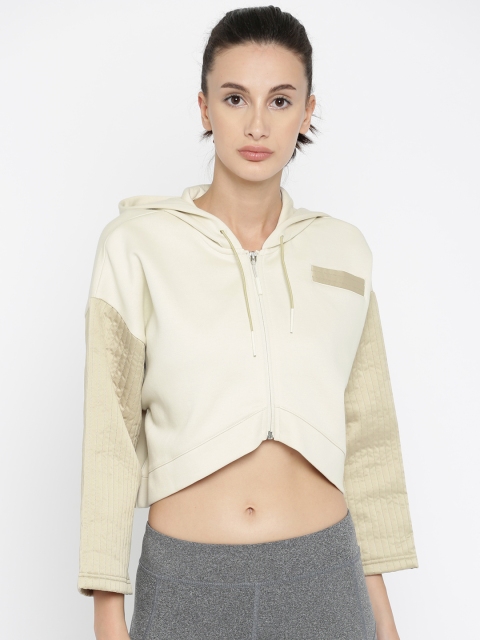 

Puma Women Beige Solid Quilted FZ Crop Hooded Sporty Jacket